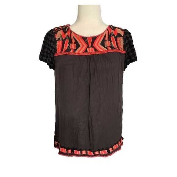 hd paris anthropologie womens black pink bohemian short sleeve top 8 Medium - Picture 1 of 6